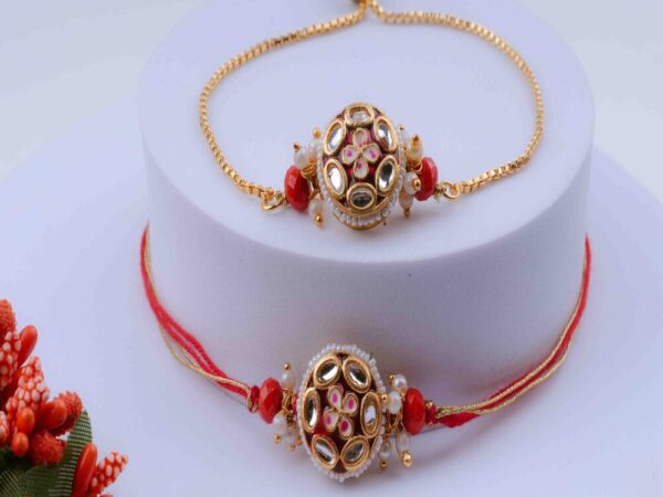 Red Kundan Bhaiya Bhabhi Rakhi Set Online