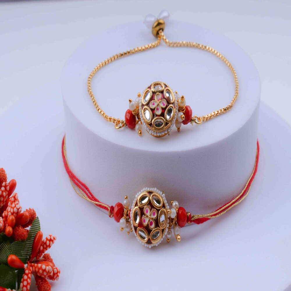 Floral Kundan Bhaiya Bhabhi Rakhi Set