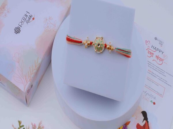 Intricate Floral Kundan Serene Green & Gold Rakhi Online