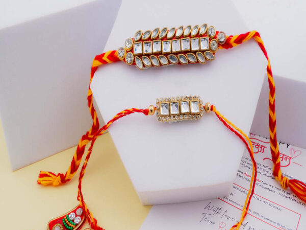 Kundan Diamond Rakhi Set for Brothers - Braided Mauli Thread Rakhi