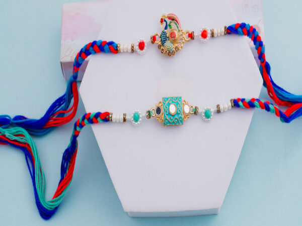 Vibrant thread rakhi combo - Peacock Rakhi and Designer Square Rakhi Set