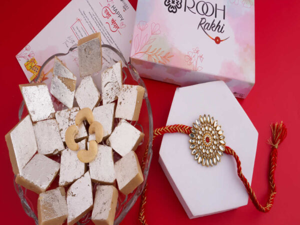 Designer Kundan Rakhi with Kaju Katli hamper online