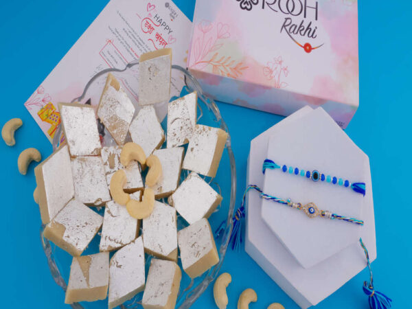 Evil Eye Rakhi Set with Kaju Katli