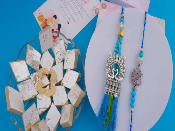 Peacock Motif Bhaiya Bhabhi Rakhi with Kaju Katli
