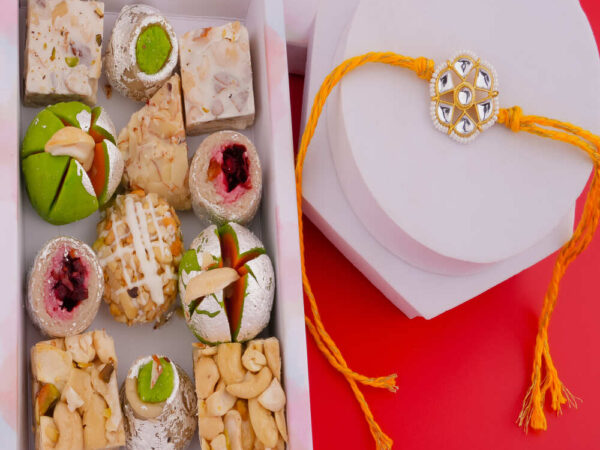 Kundan Rakhi with Sweets Hamper online - Kaju Assorted Sweets