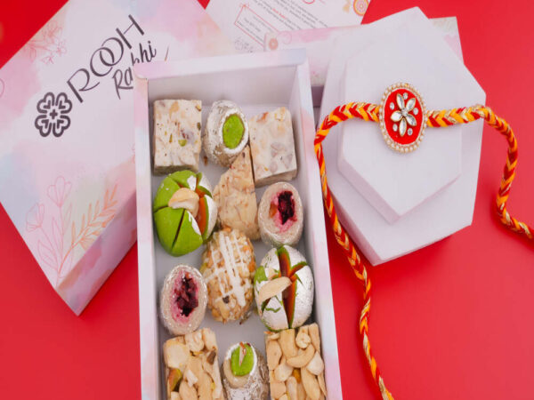 Elegant Rakhi and Sweets Hamper | Traditional Rakhi with Sweets Combo