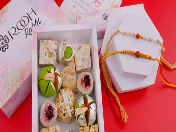 Rudraksha Rakhi Set with Kaju Sweets