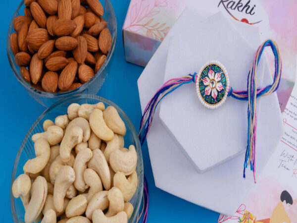 Multicolored Floral Enamel Rakhi with Dry Fruits